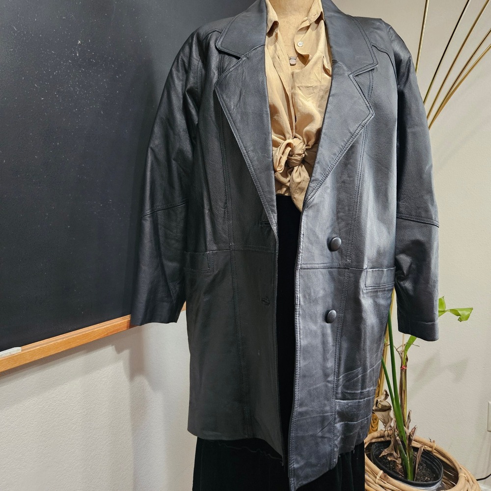 Vintage 90s NYDA Black Leather Blazer Jacket L Oversized Longline Minimalist